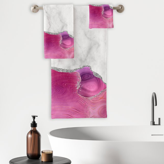 White Marble Magenta Pink Agate Silver Glitter Bath Towel Set (Creator Uploaded)