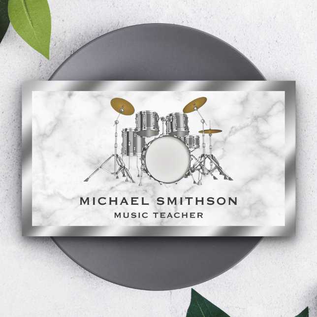 White Marble Metallic Grey Drum Kit Drummer Business Card (Creator Uploaded)
