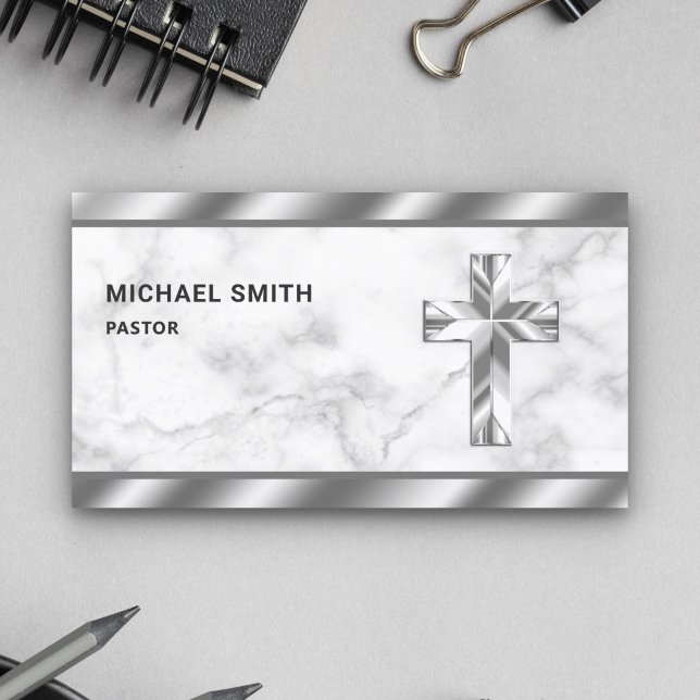 White Marble Metallic Jesus Christ Cross Pastor Business Card (Creator Uploaded)