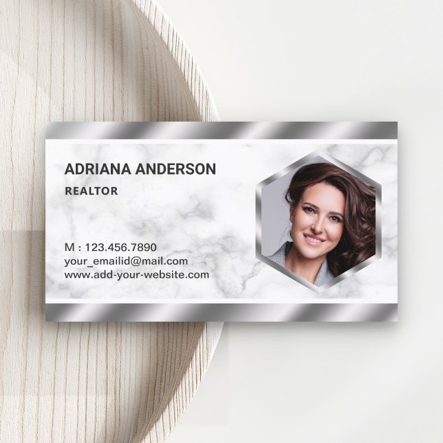 White Marble Metallic Real Estate Photo Realtor Business Card (Creator Uploaded)