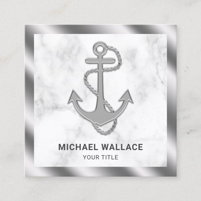 White Marble Metallic Steel Nautical Rope Anchor Square Business Card (Front)