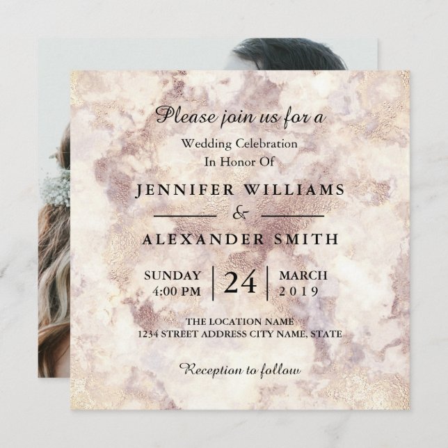 White Marble Minimalist Photo Wedding Invitation (Front/Back)
