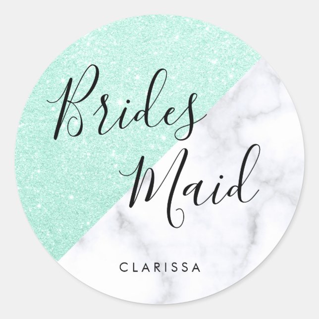 White marble & mint green glitter bridesmaid classic round sticker (Front)