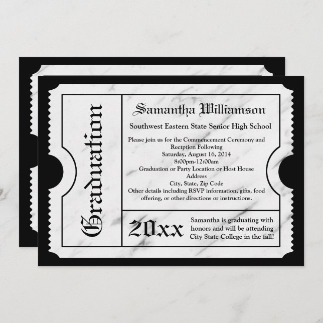 White Marble Modern Graduation Ticket Invitation (Front/Back)