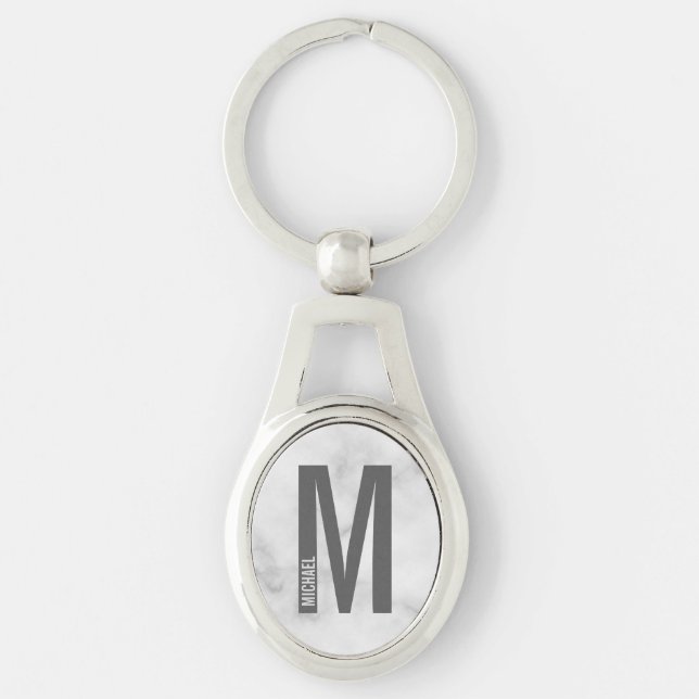 White Marble Modern Personalised Monogram and Name Key Ring (Front)