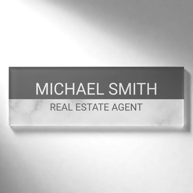 White Marble Modern Professional Personalised Name Tag (Front)