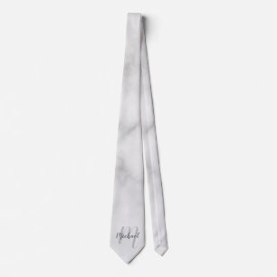 White Marble Modern Script Monogram and Name Tie
