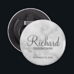 White Marble Modern Script Personalised Groomsman Bottle Opener<br><div class="desc">Personalised Groomsman Gifts
featuring personalised groomsman's name in grey modern script font style with title and wedding date in modern sans serif font style on white marble background.

Also perfect for best man,  father of the bride,  bridesmaid,  maid of honour,  mother of the bride and more.</div>