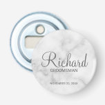 White Marble Modern Script Personalised Groomsman Bottle Opener<br><div class="desc">Personalised Groomsman Gifts
featuring personalised groomsman's name in grey modern script font style with title and wedding date in modern sans serif font style on white marble background.

Also perfect for best man,  father of the bride,  bridesmaid,  maid of honour,  mother of the bride and more.</div>