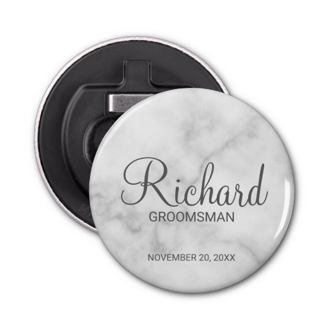 White Marble Modern Script Personalised Groomsman Bottle Opener (Front)