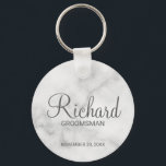 White Marble Modern Script Personalised Groomsman Key Ring<br><div class="desc">Personalised Groomsman Gifts featuring personalised groomsman's name in grey modern script font style with title and wedding date in modern sans serif font style on white marble background. Also perfect for best man, father of the bride, bridesmaid, maid of honour, mother of the bride and more. Please note: The marble...</div>