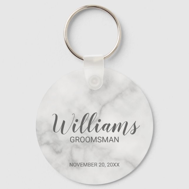 White Marble Modern Script Personalised Groomsman Key Ring (Front)