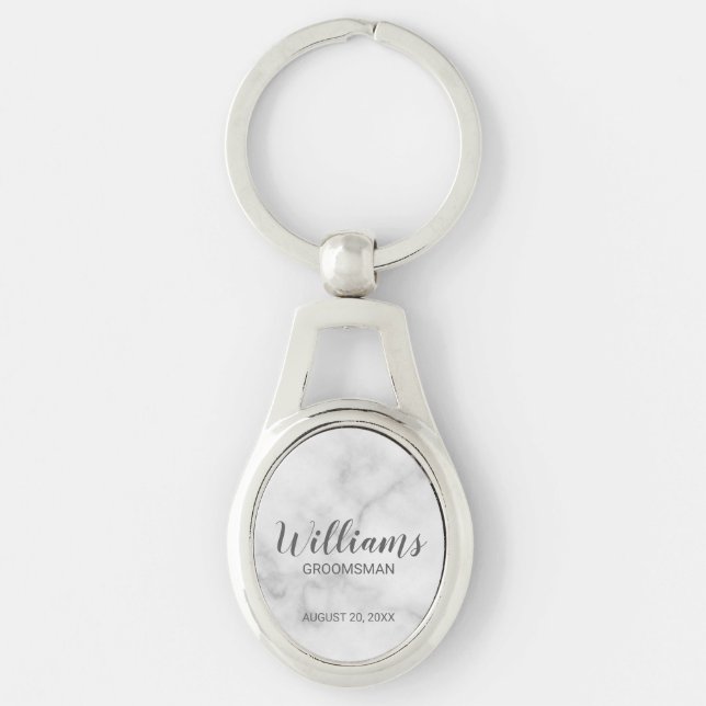 White Marble Modern Script Personalised Groomsman Key Ring (Front)