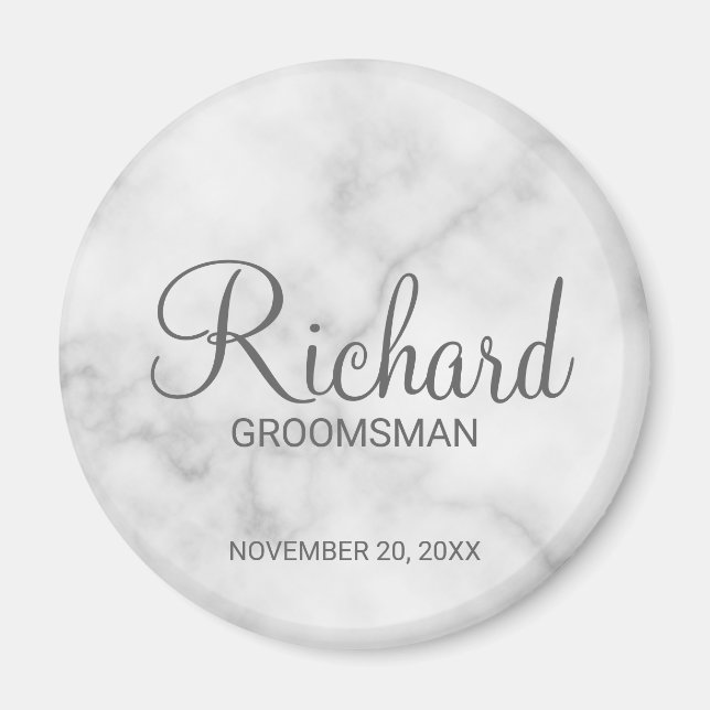 White Marble Modern Script Personalised Groomsman Magnet (Front)