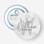 White Marble Modern Script Personalised Groomsmen Bottle Opener<br><div class="desc">Modern Minimalist Personalised Monogram and Name Gifts This design features personalised name in grey modern handwriting script font style and monogram in light grey modern sans serif font style as background, with title in grey modern sans serif font style, on white marble background. Also perfect for best man, maid of...</div>
