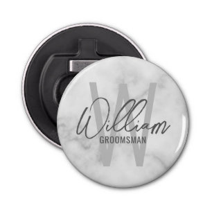 White Marble Modern Script Personalised Groomsmen Bottle Opener