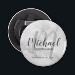 White Marble Modern Script Personalised Groomsmen Bottle Opener<br><div class="desc">Add a personal touch to your wedding with personalised groomsmen bottle opener. This bottle opener features personalised groomsmen's name in grey modern script font style and monogram in light grey modern script font style as background with title and wedding date in grey modern sans serif font style on white marble...</div>