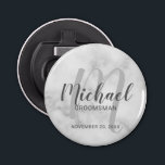 White Marble Modern Script Personalised Groomsmen Bottle Opener<br><div class="desc">Add a personal touch to your wedding with personalised groomsmen bottle opener. This bottle opener features personalised groomsmen's name in grey modern script font style and monogram in light grey modern script font style as background with title and wedding date in grey modern sans serif font style on white marble...</div>
