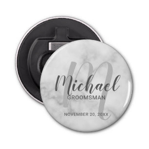 White Marble Modern Script Personalised Groomsmen Bottle Opener
