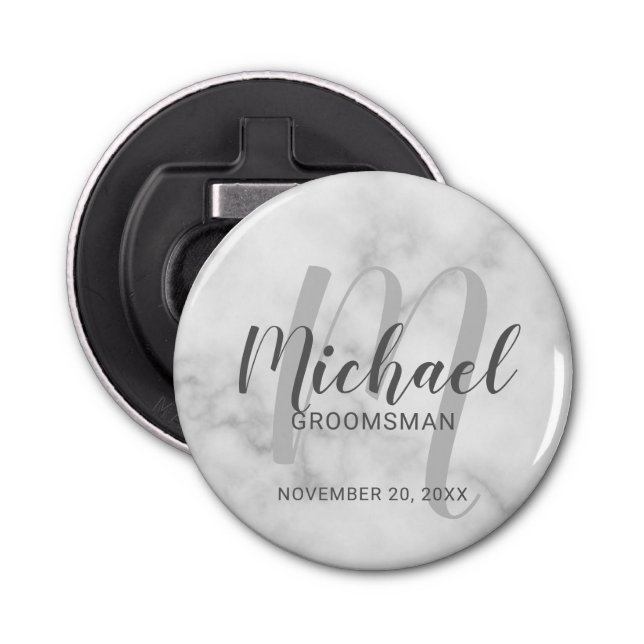 White Marble Modern Script Personalised Groomsmen Bottle Opener (Front)
