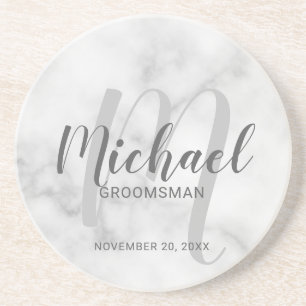 White Marble Modern Script Personalised Groomsmen Coaster
