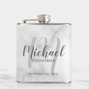 White Marble Modern Script Personalised Groomsmen Hip Flask