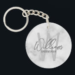 White Marble Modern Script Personalised Groomsmen Key Ring<br><div class="desc">Modern Minimalist Personalised Monogram and Name Gifts This design features personalised name in grey modern handwriting script font style and monogram in light grey modern sans serif font style as background, with title in grey modern sans serif font style, on white marble background. Also perfect for best man, maid of...</div>