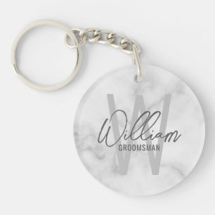 White Marble Modern Script Personalised Groomsmen Key Ring