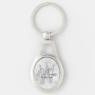 White Marble Modern Script Personalised Groomsmen Key Ring