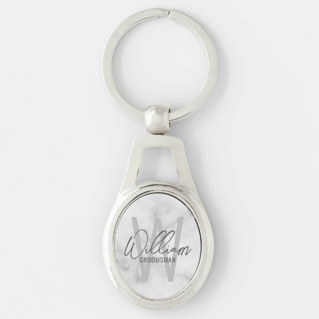 White Marble Modern Script Personalised Groomsmen Key Ring (Front)