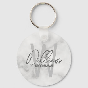 White Marble Modern Script Personalised Groomsmen Key Ring