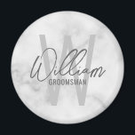 White Marble Modern Script Personalised Groomsmen Magnet<br><div class="desc">Modern Minimalist Personalised Monogram and Name Gifts This design features personalised name in grey modern handwriting script font style and monogram in light grey modern sans serif font style as background, with title in grey modern sans serif font style, on white marble background. Also perfect for best man, maid of...</div>
