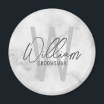 White Marble Modern Script Personalised Groomsmen Magnet<br><div class="desc">Modern Minimalist Personalised Monogram and Name Gifts This design features personalised name in grey modern handwriting script font style and monogram in light grey modern sans serif font style as background, with title in grey modern sans serif font style, on white marble background. Also perfect for best man, maid of...</div>
