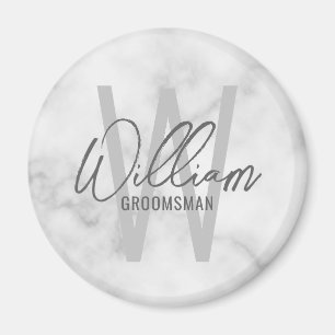 White Marble Modern Script Personalised Groomsmen Magnet
