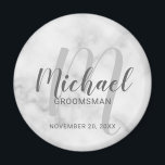 White Marble Modern Script Personalised Groomsmen Magnet<br><div class="desc">Add a personal touch to your wedding with personalised groomsmen magnet. This magnet features personalised groomsmen's name in grey modern script font style and monogram in light grey modern script font style as background with title and wedding date in grey modern sans serif font style on white marble background. Also...</div>