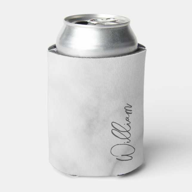 White Marble Modern Script Personalised Name Can Cooler (Can Front)