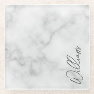 White Marble Modern Script Personalised Name Glass Coaster