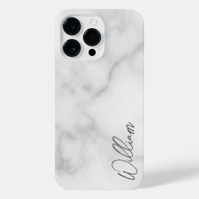 White Marble Modern Script Personalised Name iPhone Case (Back)