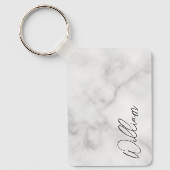 White Marble Modern Script Personalised Name Keych Key Ring (Front)