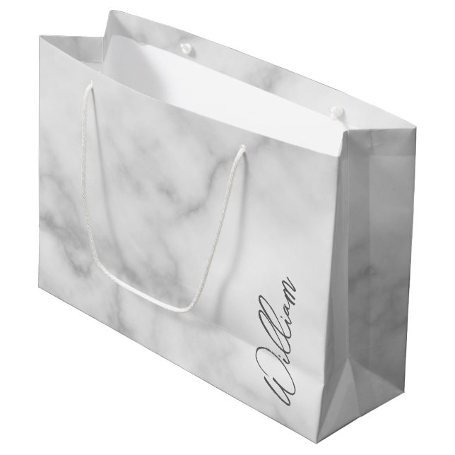 White Marble Modern Script Personalised Name Large Gift Bag (Front Angled)