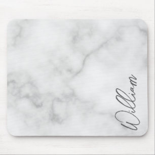 White Marble Modern Script Personalised Name Mouse Pad