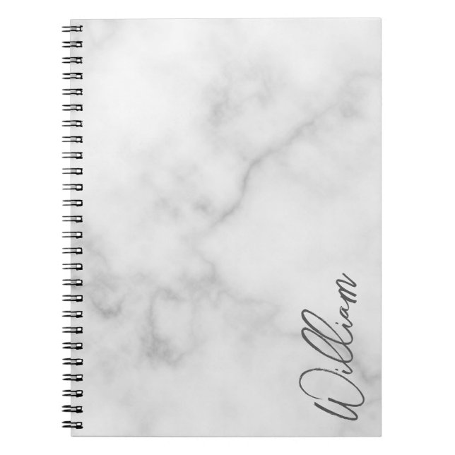 White Marble Modern Script Personalised Name Notebook (Front)