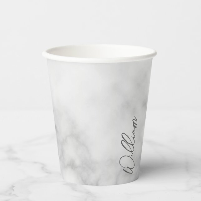 White Marble Modern Script Personalised Name Paper Cups (Front)