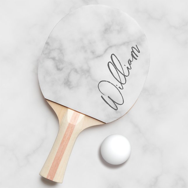 White Marble Modern Script Personalised Name Ping Pong Paddle (Creator Uploaded)
