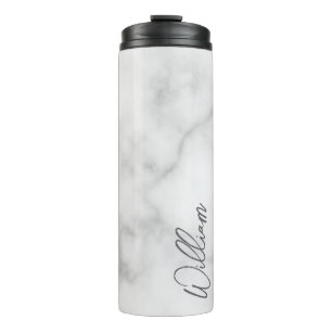 White Marble Modern Script Personalised Name Thermal Tumbler