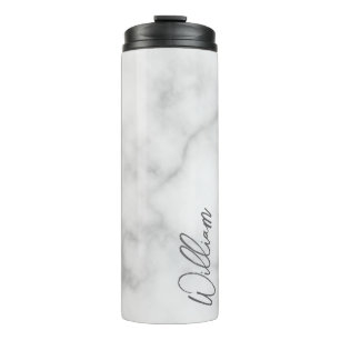 White Marble Modern Script Personalized Name Thermal Tumbler