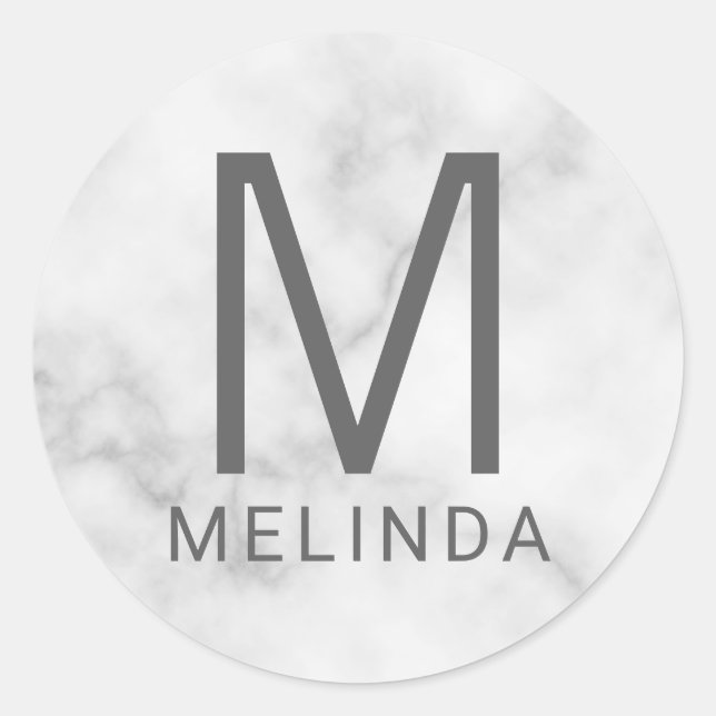 White Marble Monogram Classic Round Sticker (Front)