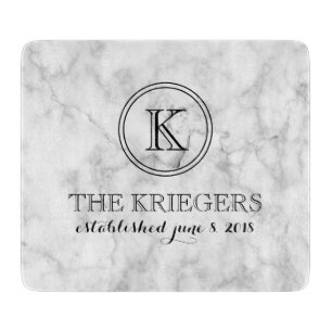 White Marble Monogram Heart Wedding Cutting Board