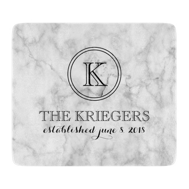 White Marble Monogram Heart Wedding Cutting Board (Front)