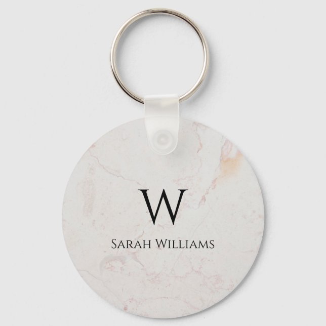 White Marble Monogram Modern Black Name & Initial Key Ring (Front)